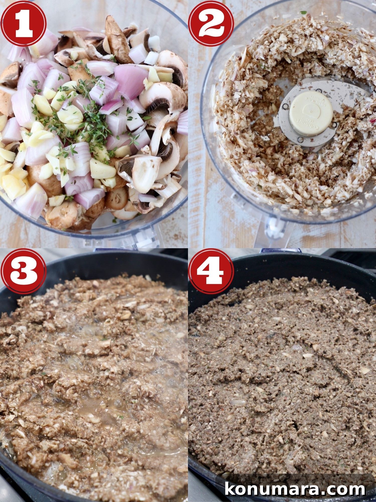 How to Make Classic Beef Wellington with Mushroom Duxelles 5 collage of images showing how to make mushroom duxelles