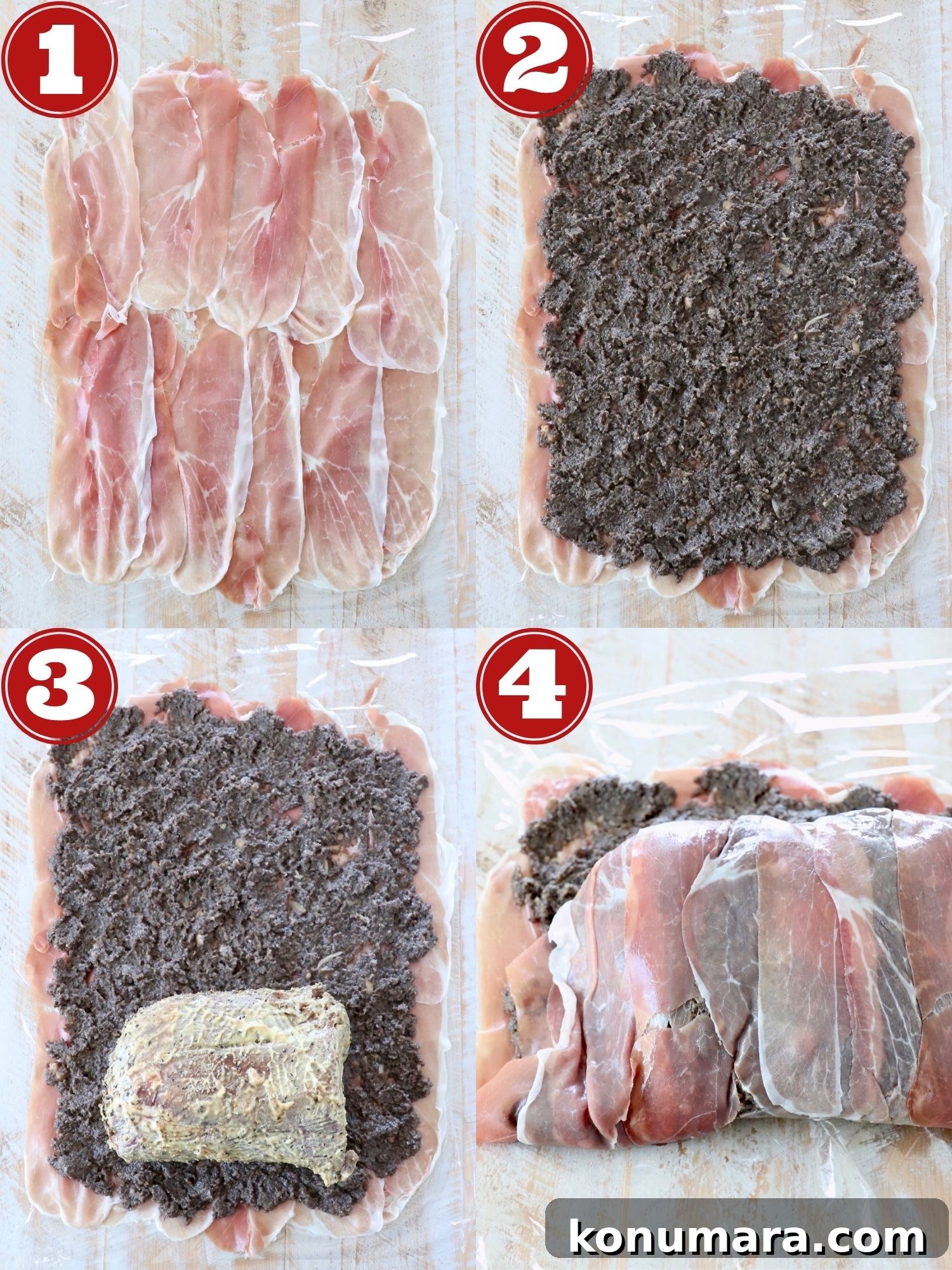 How to Make Classic Beef Wellington with Mushroom Duxelles 6 collage of images showing how to make beef wellington