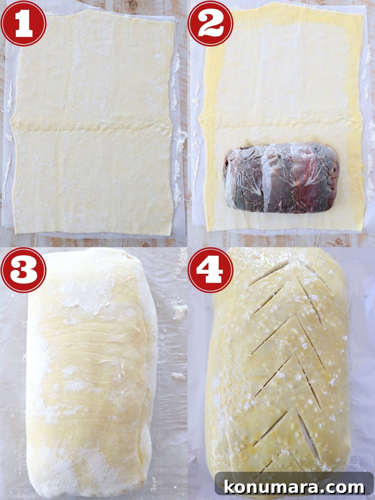 How to Make Classic Beef Wellington with Mushroom Duxelles 7 collage of images showing how to make beef wellington