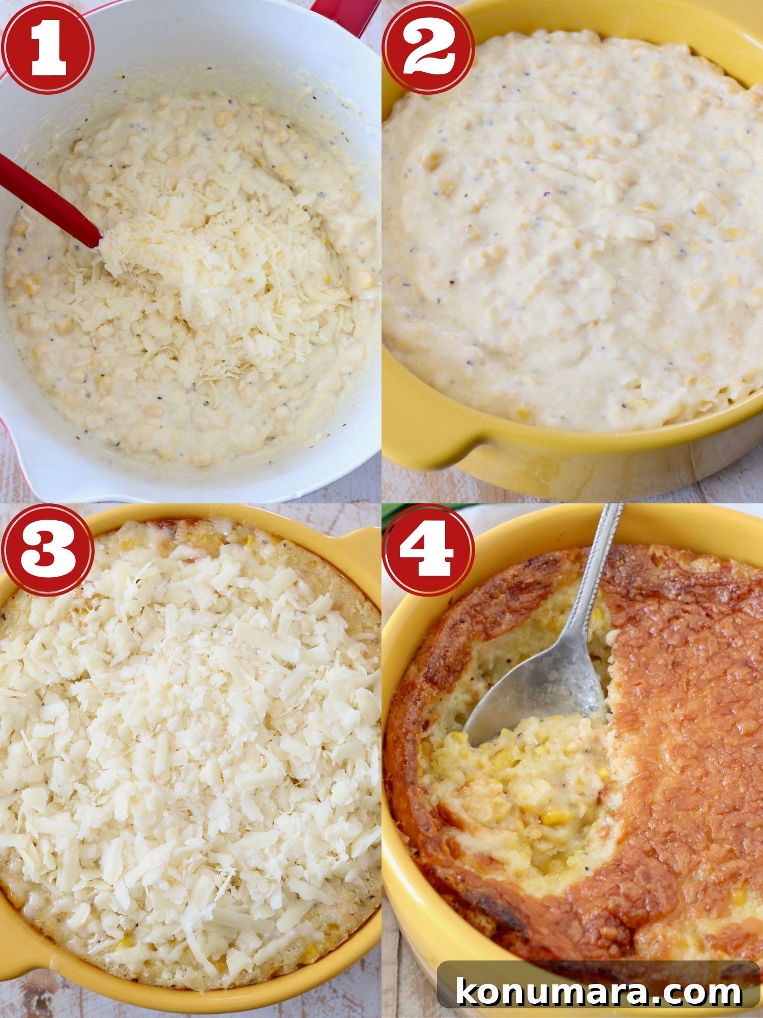 collage of images showing how to make corn casserole