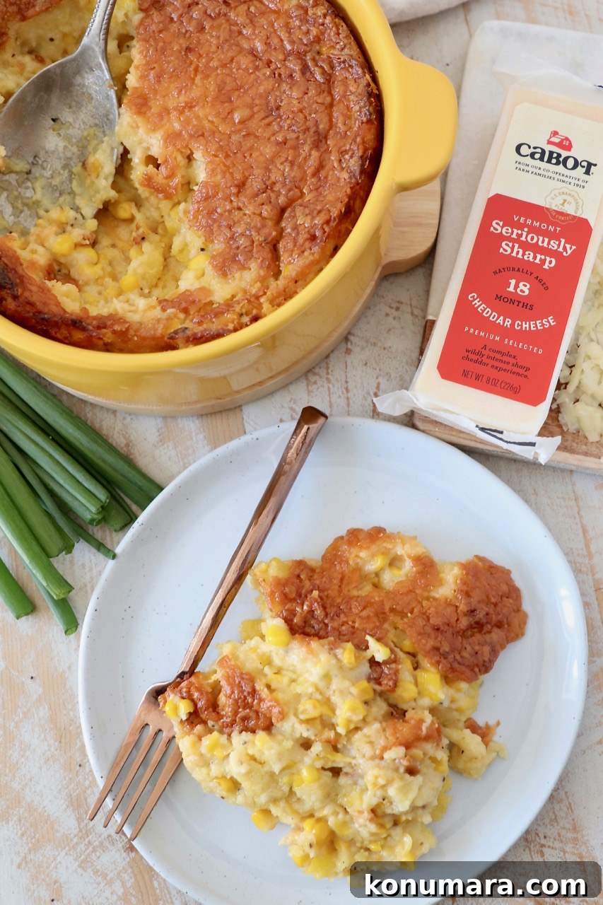 corn casserole on plate and in yellow baking dish