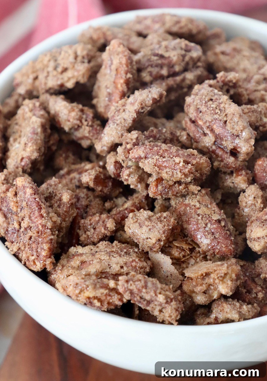 candied pecans in white bowl