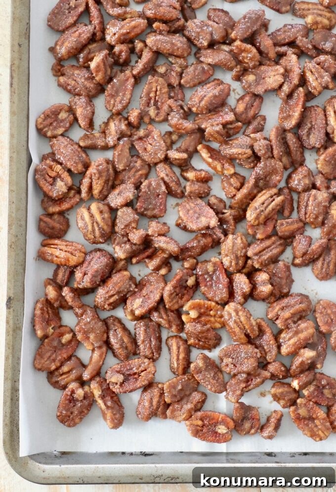 sugar coated pecans spread out on baking sheet