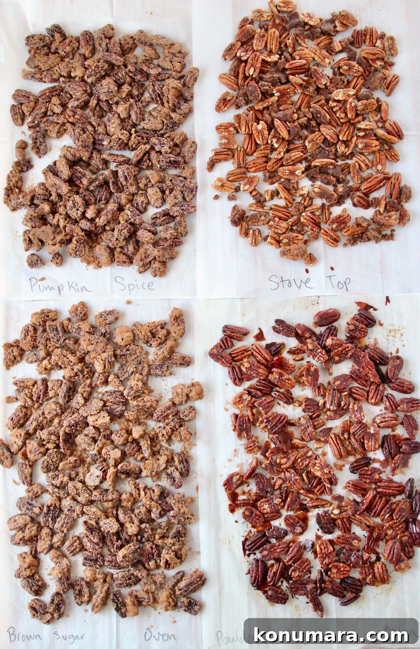 candied pecans spread out on parchment paper