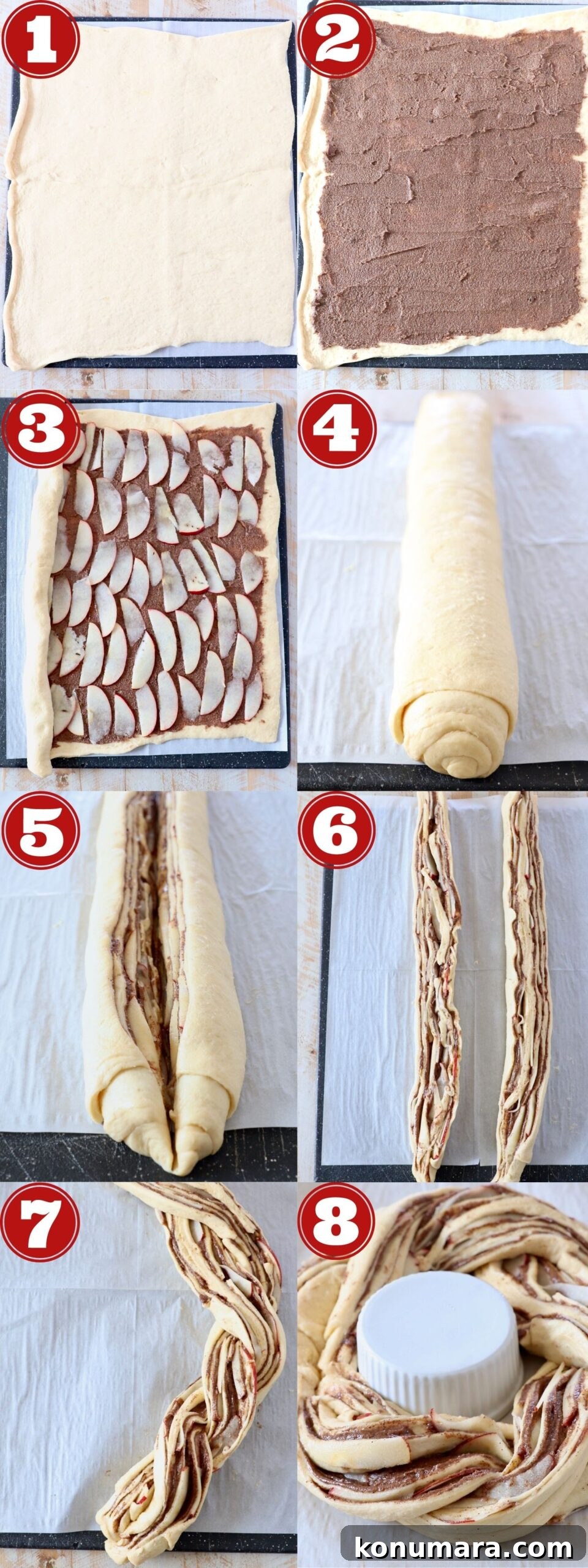 collage of images showing how to make a cinnamon roll wreath