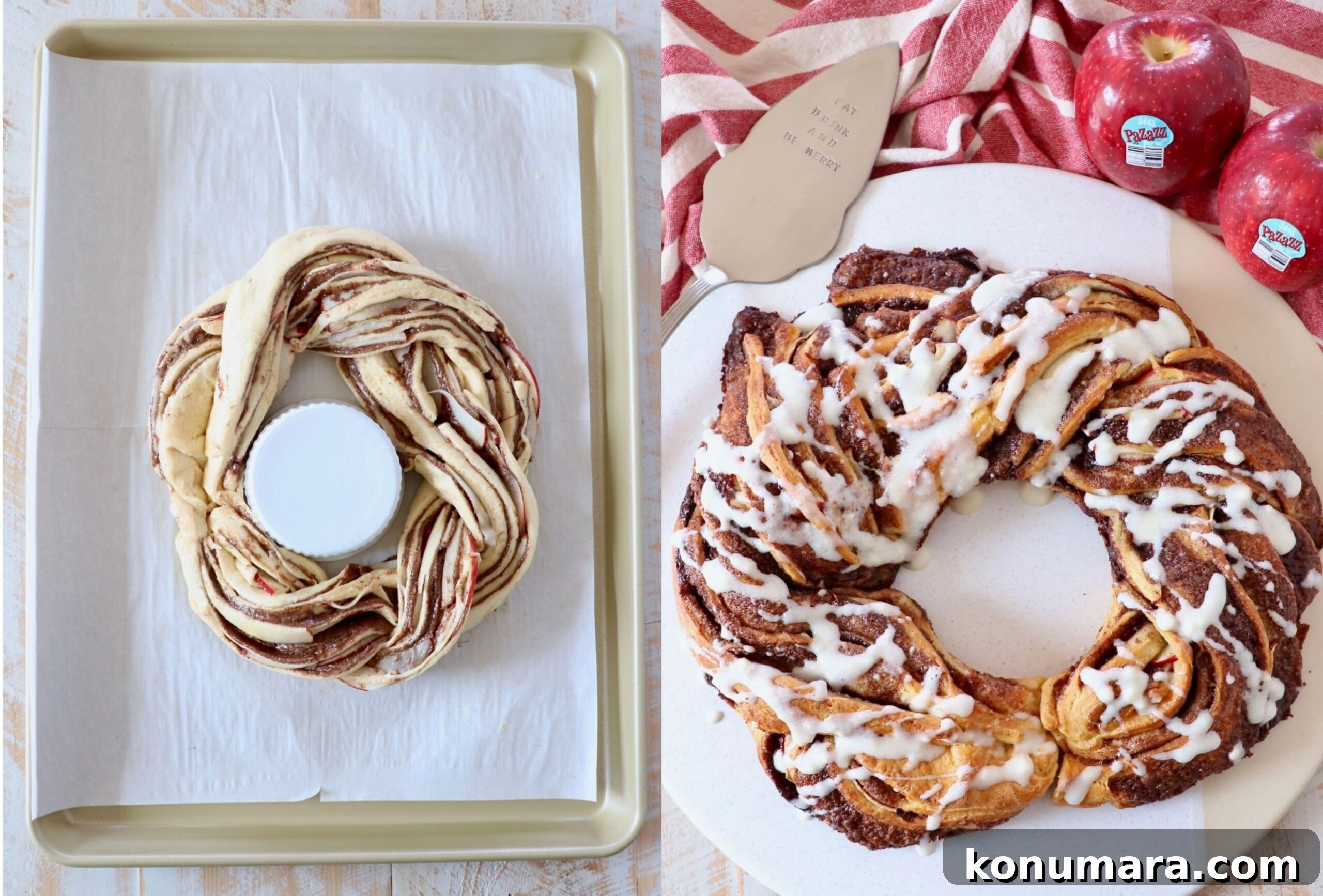unbaked cinnamon roll wreath on baking sheet and baked cinnamon roll wreath on serving tray