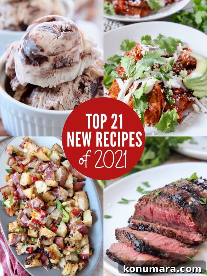collage of images showing ice cream, chilaquiles, steak and potatoes