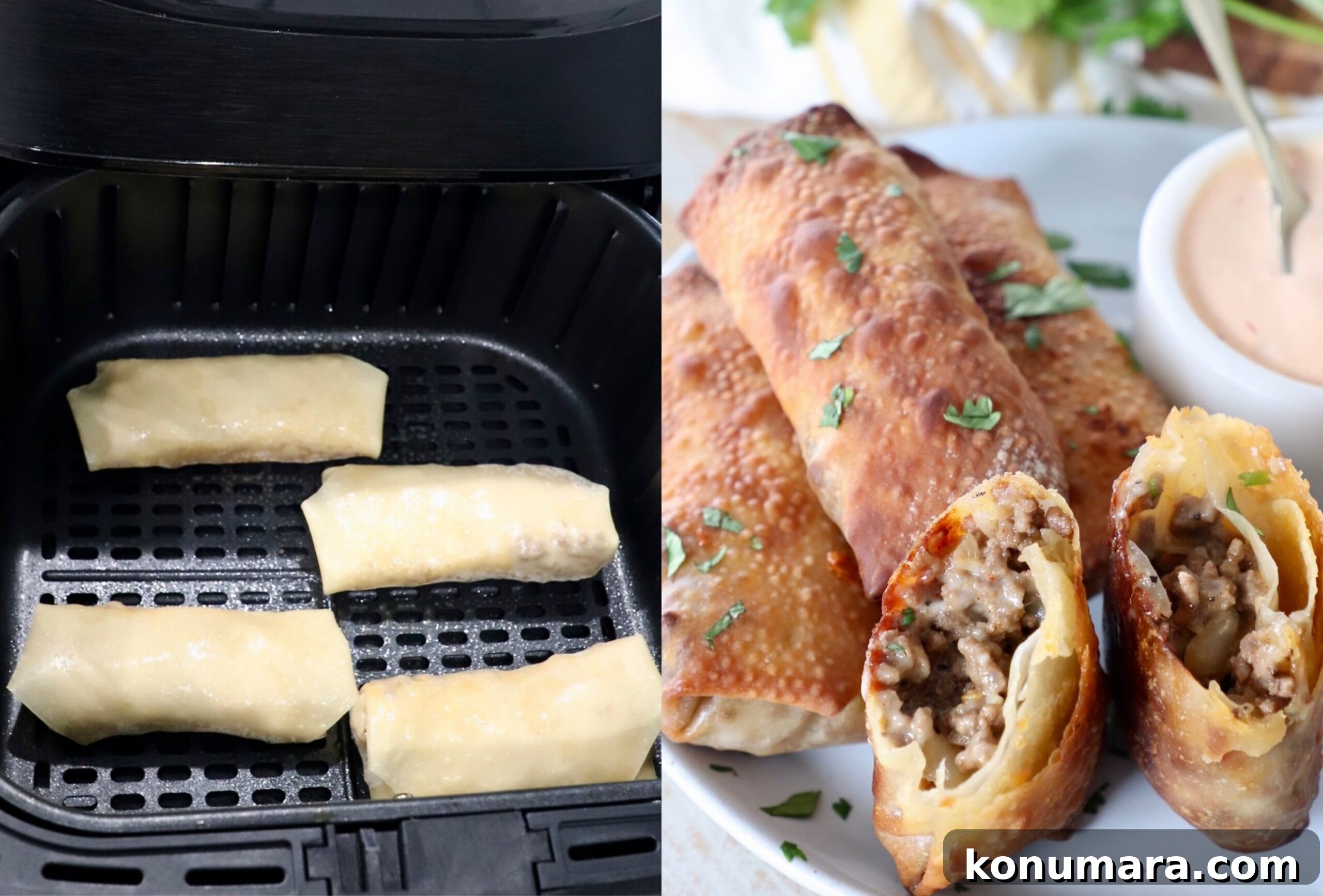 cheeseburger egg rolls in air fryer and cooked on plate