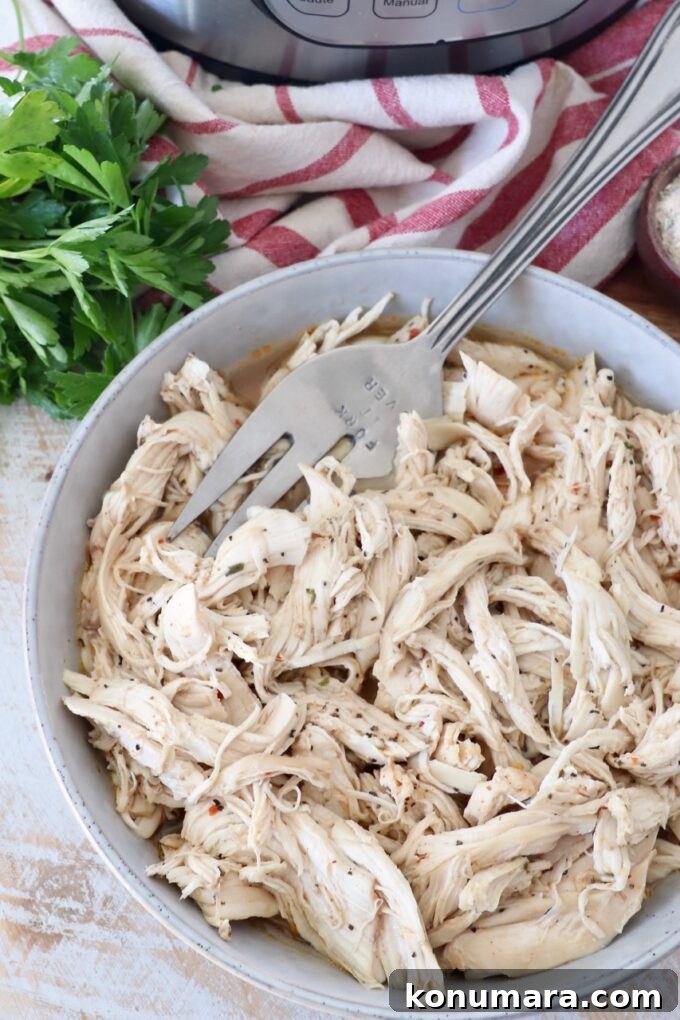 Instant Pot Shredded Chicken Recipe: Juicy and Tender 8 seasoned shredded chicken in a bowl with a large fork and fresh parsley on the side