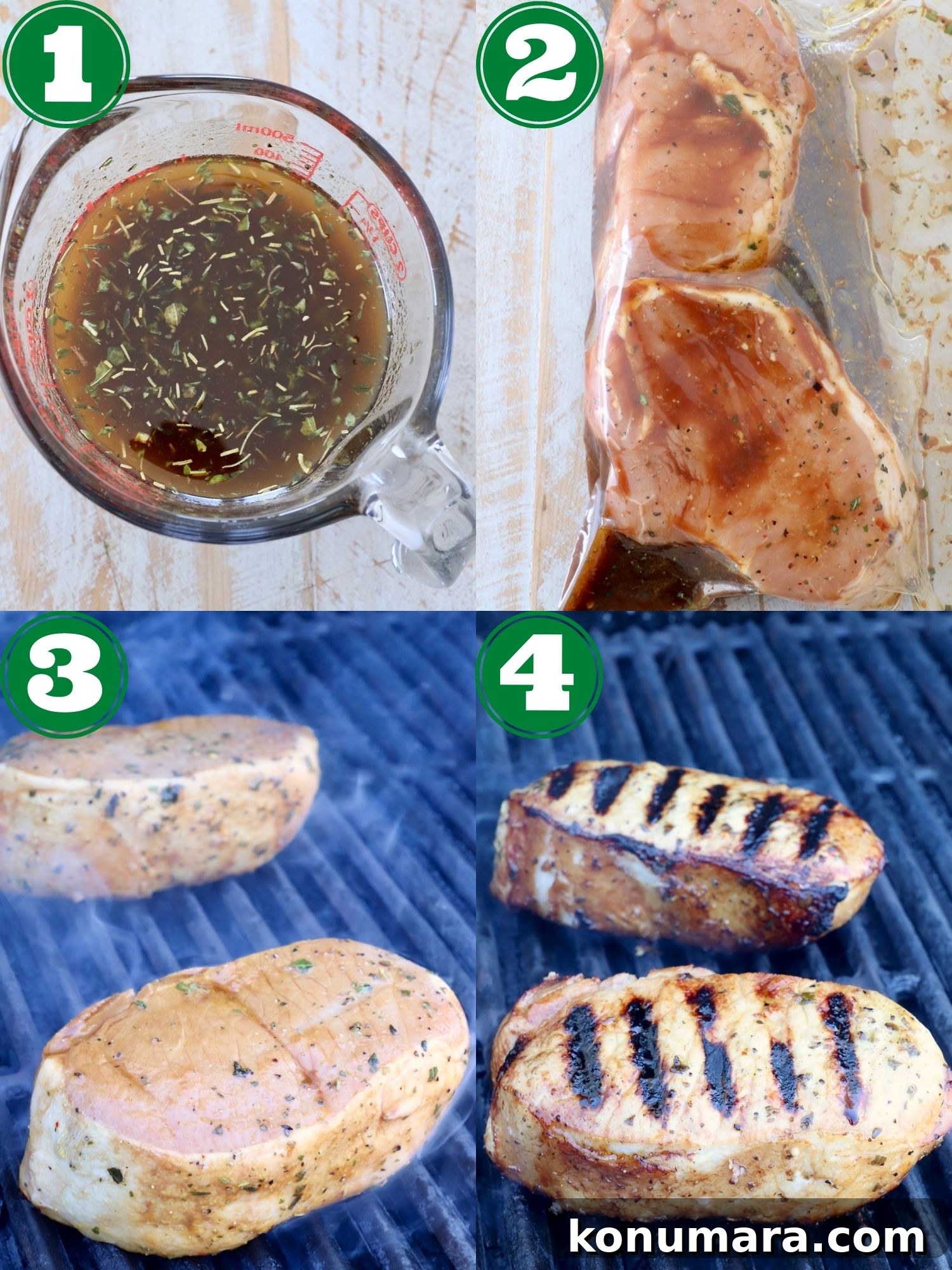 collage of images showing how to make marinated grilled pork chops