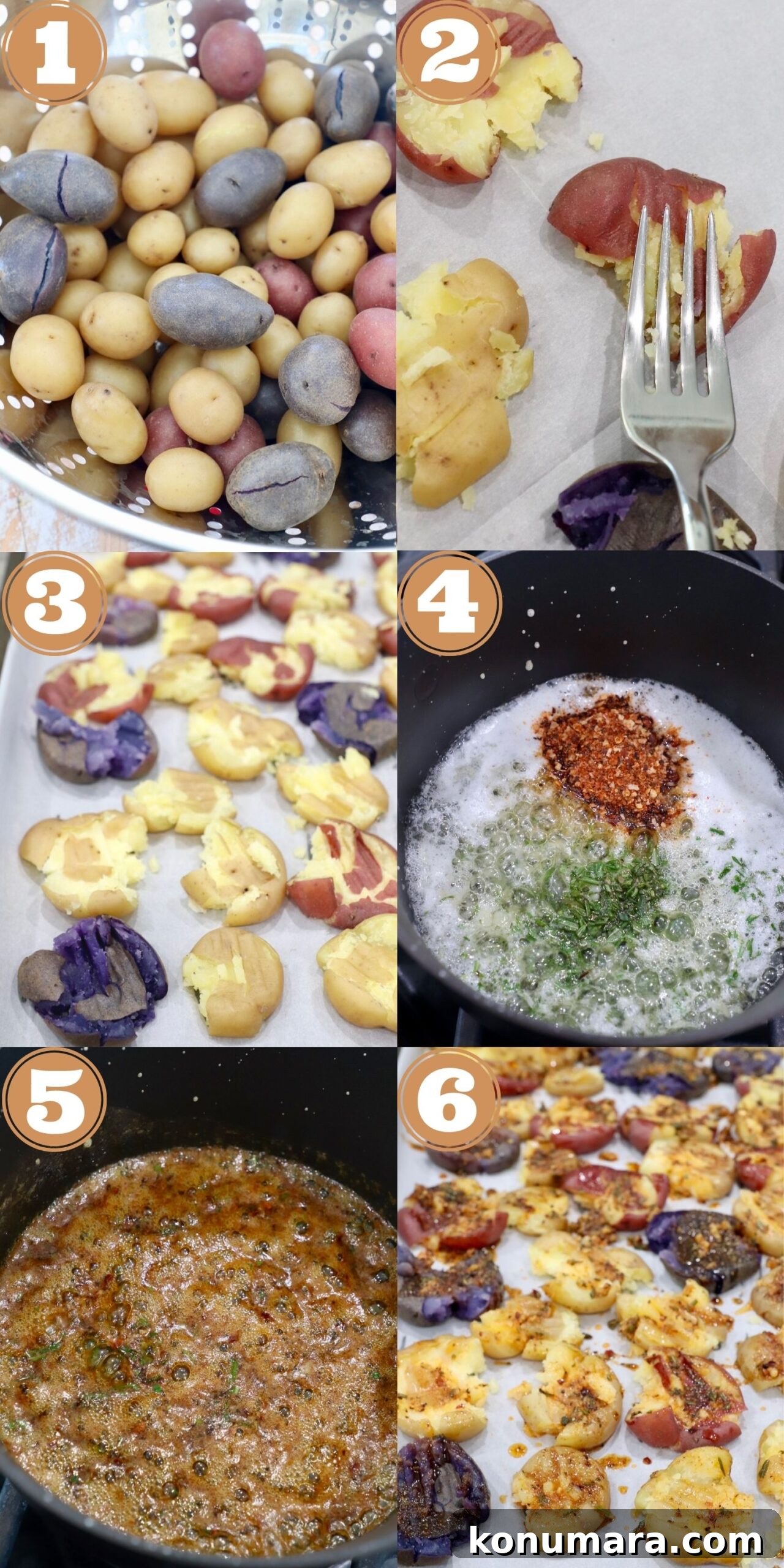 Crispy Smashed Potatoes Recipe with Garlic and Herbs 4 collage of images showing how to make smashed potatoes with herb butter