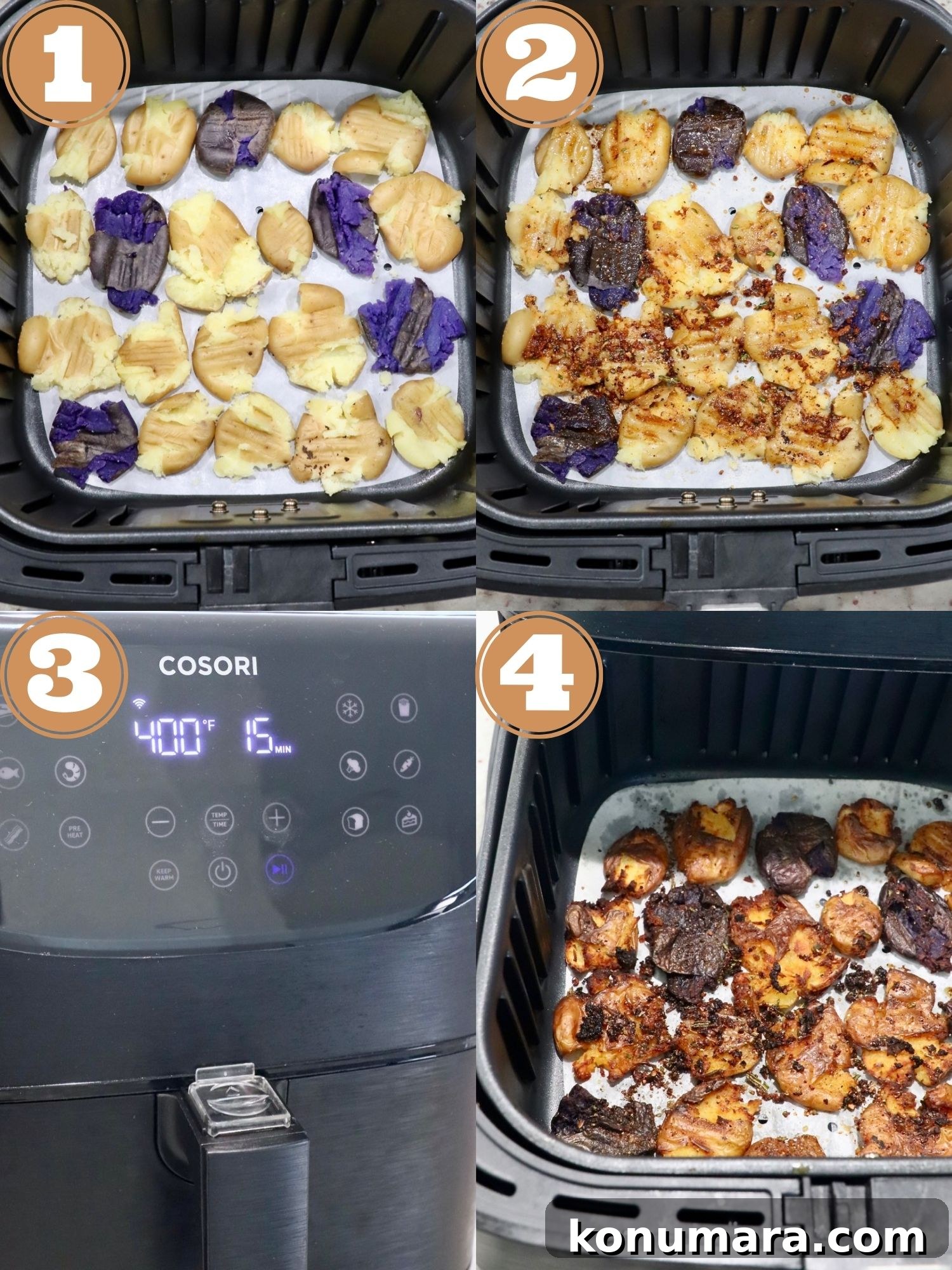 Crispy Smashed Potatoes Recipe with Garlic and Herbs 5 collage of images showing how to make smashed potatoes in an air fryer
