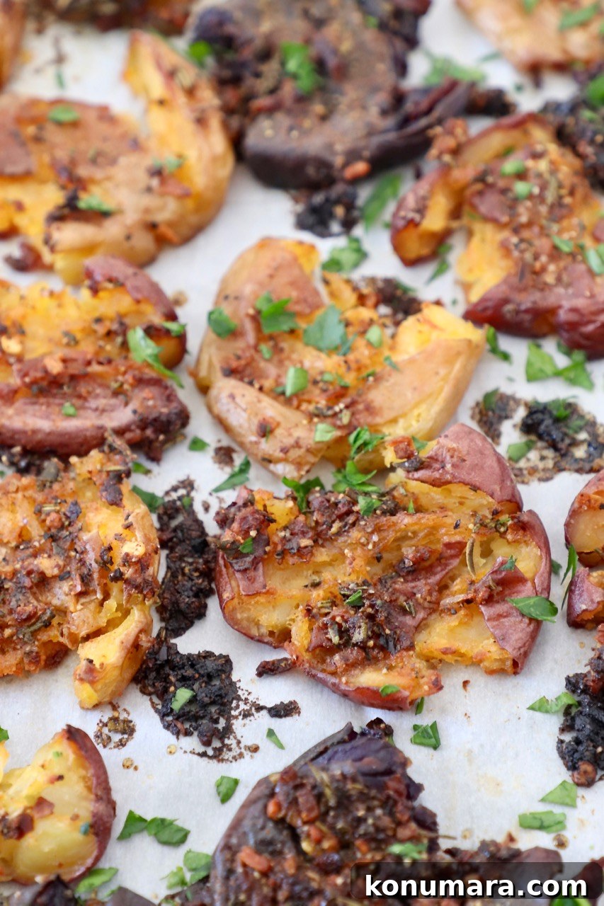 Crispy Smashed Potatoes Recipe with Garlic and Herbs 6 crispy baked smashed potatoes on baking sheet