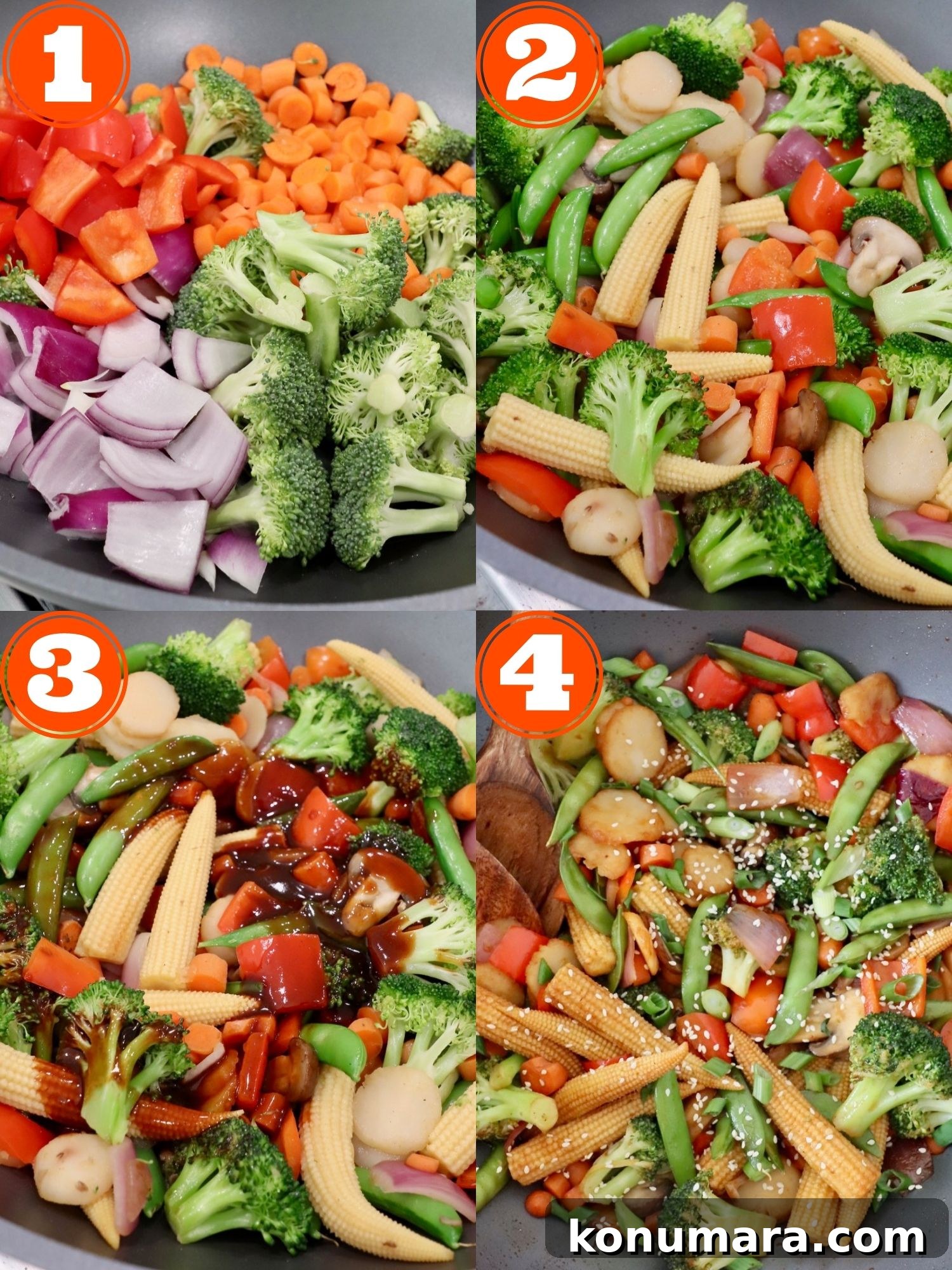 Crispy Garlic and Ginger Stir-Fried Vegetables Recipe 4 collage of images showing how to make stir fry vegetables