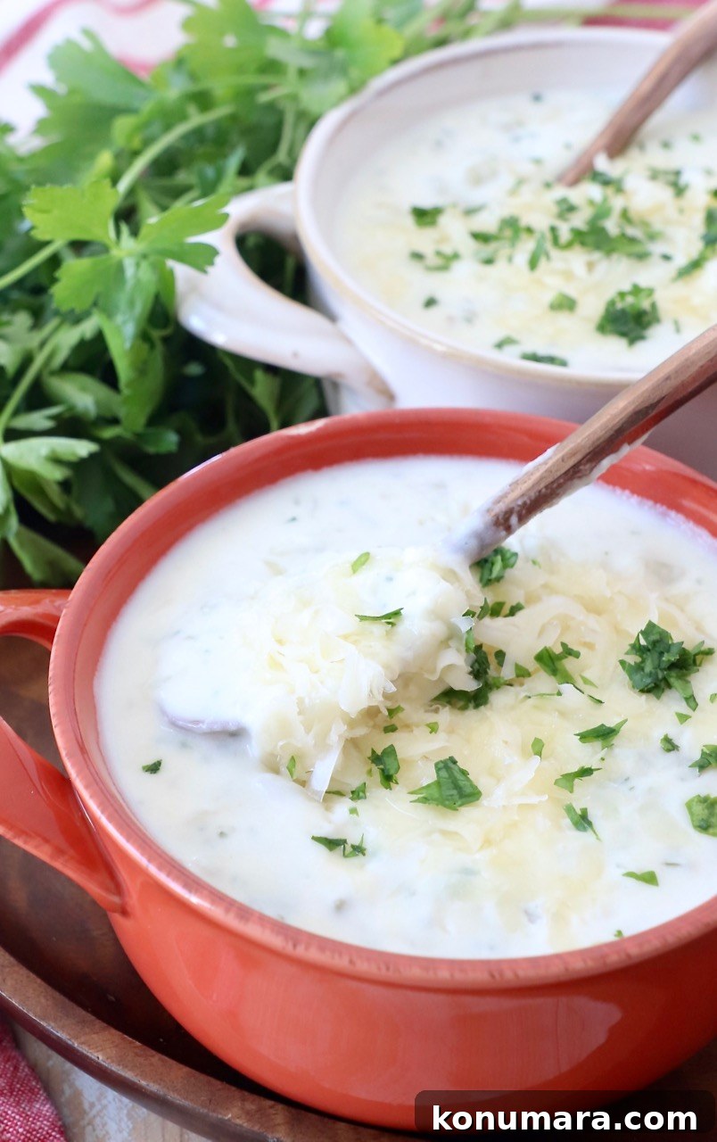 spoon dipped into bowl of potato soup topped with shredded swiss cheese