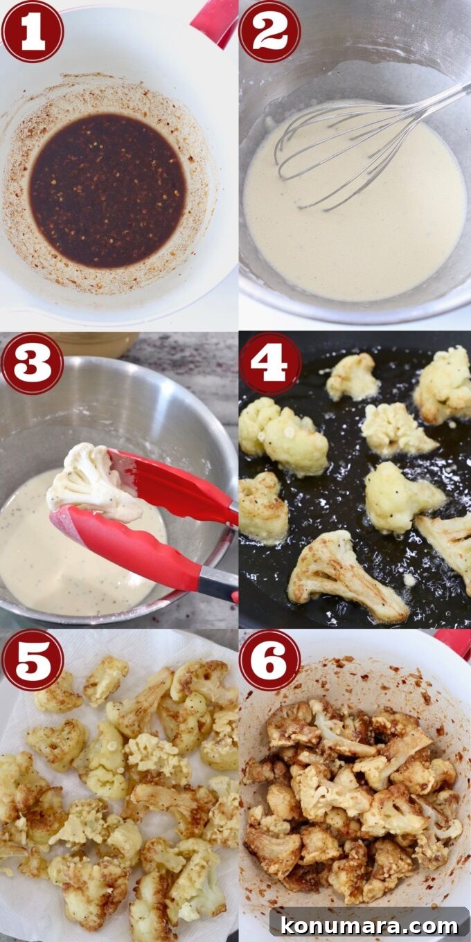 General Tso's Cauliflower Recipe: Crispy Sticky Sauce 4 collage of images showing how to make general tso's cauliflower
