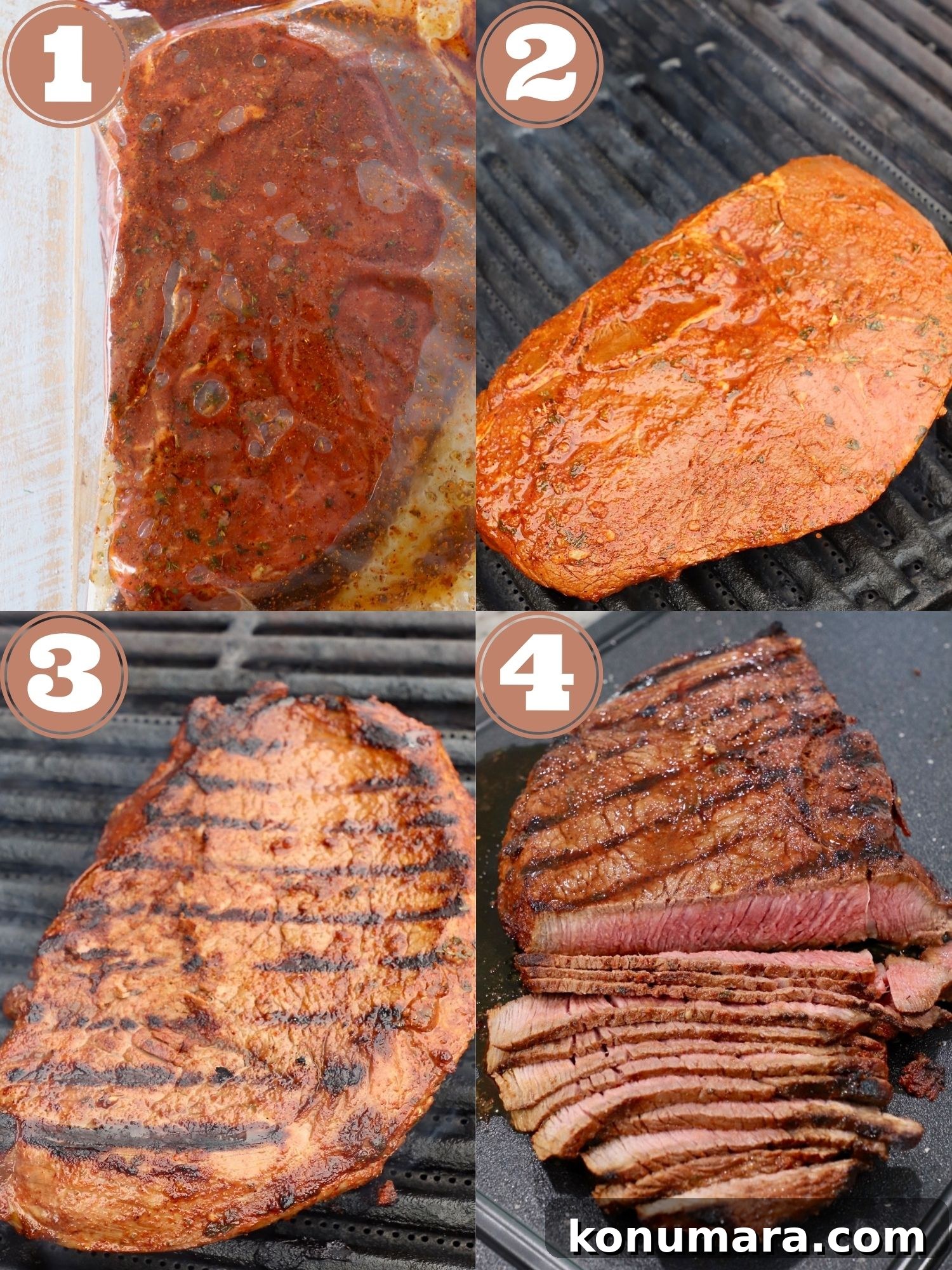 collage of images showing how to make marinated grilled steak tacos