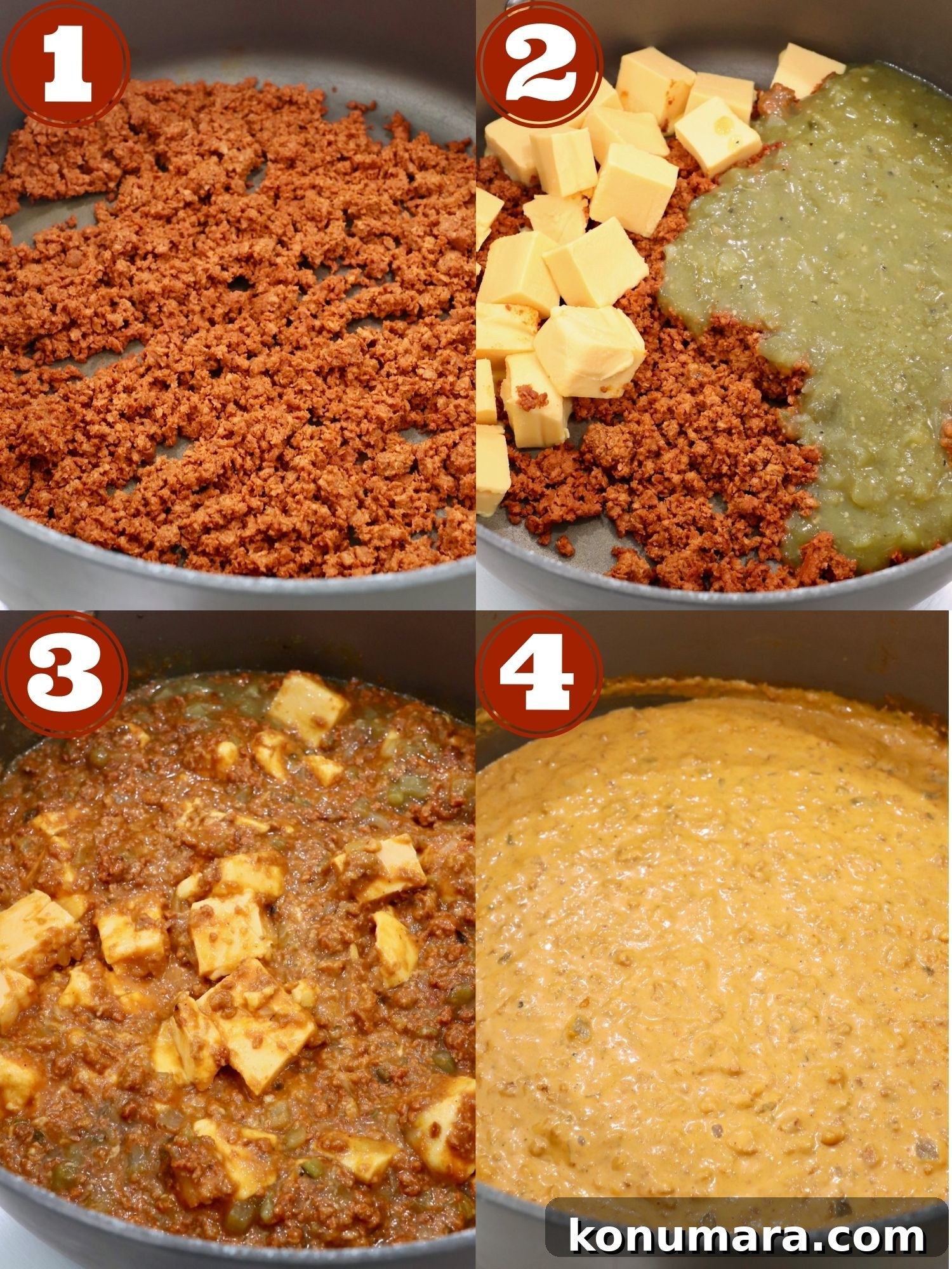 collage of images showing how to make chorizo queso in a skillet on the stove