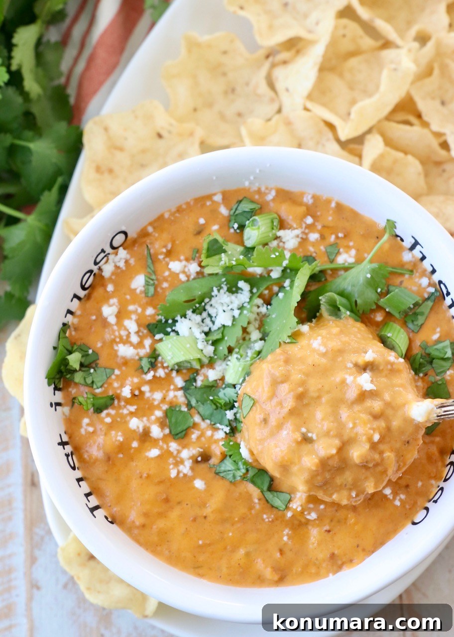 chorizo queso dip in bowl with spoon dipped into the queso