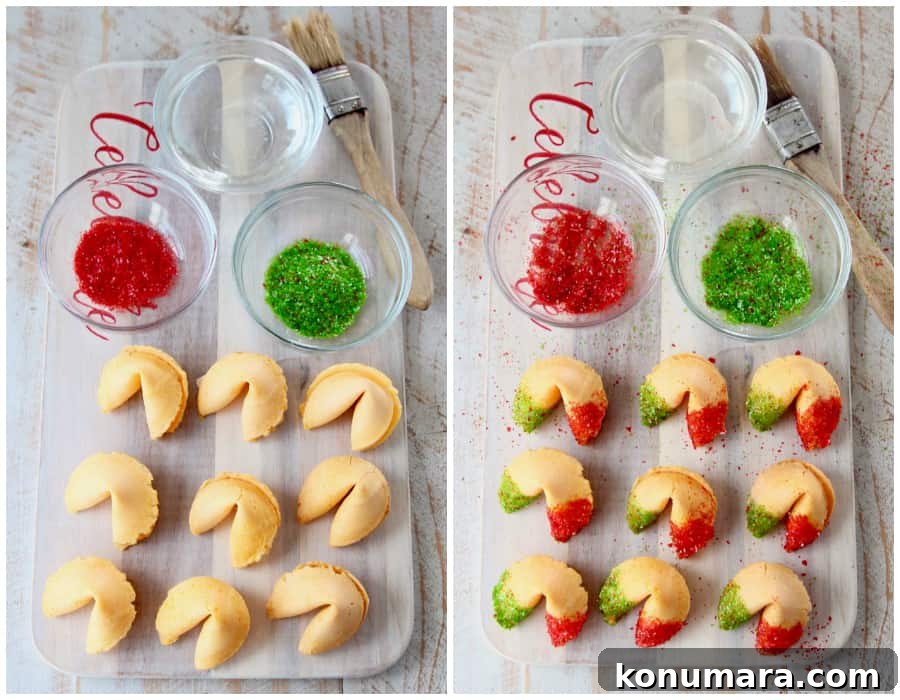 Collage of images showing how to make Christmas glitter fortune cookies