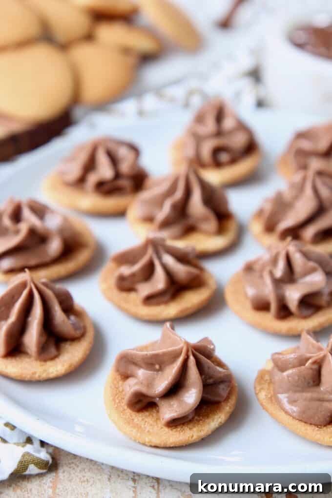Nutella Cheesecake Bites Recipe 2 nutella cheesecake piped onto nilla wafers on plate