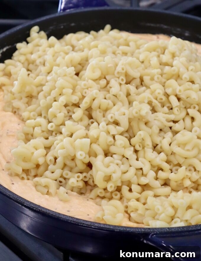 cooked macaroni noodles in skillet with cheese sauce