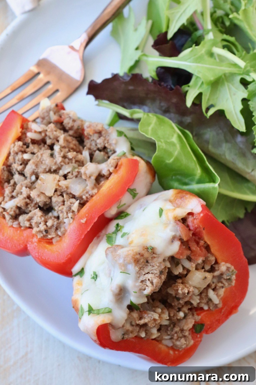 Stuffed pepper cut in half on plate with salad