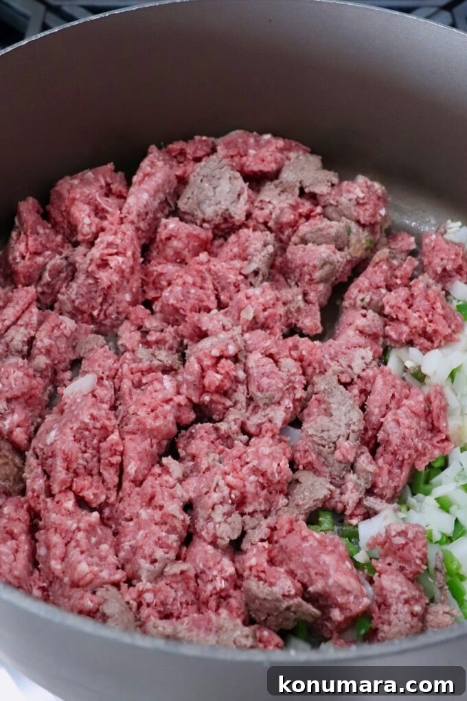 Raw ground beef in skillet
