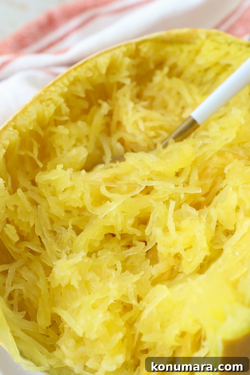 cooked spaghetti squash on plate with fork