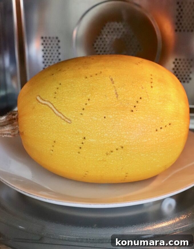 spaghetti squash on plate in microwave