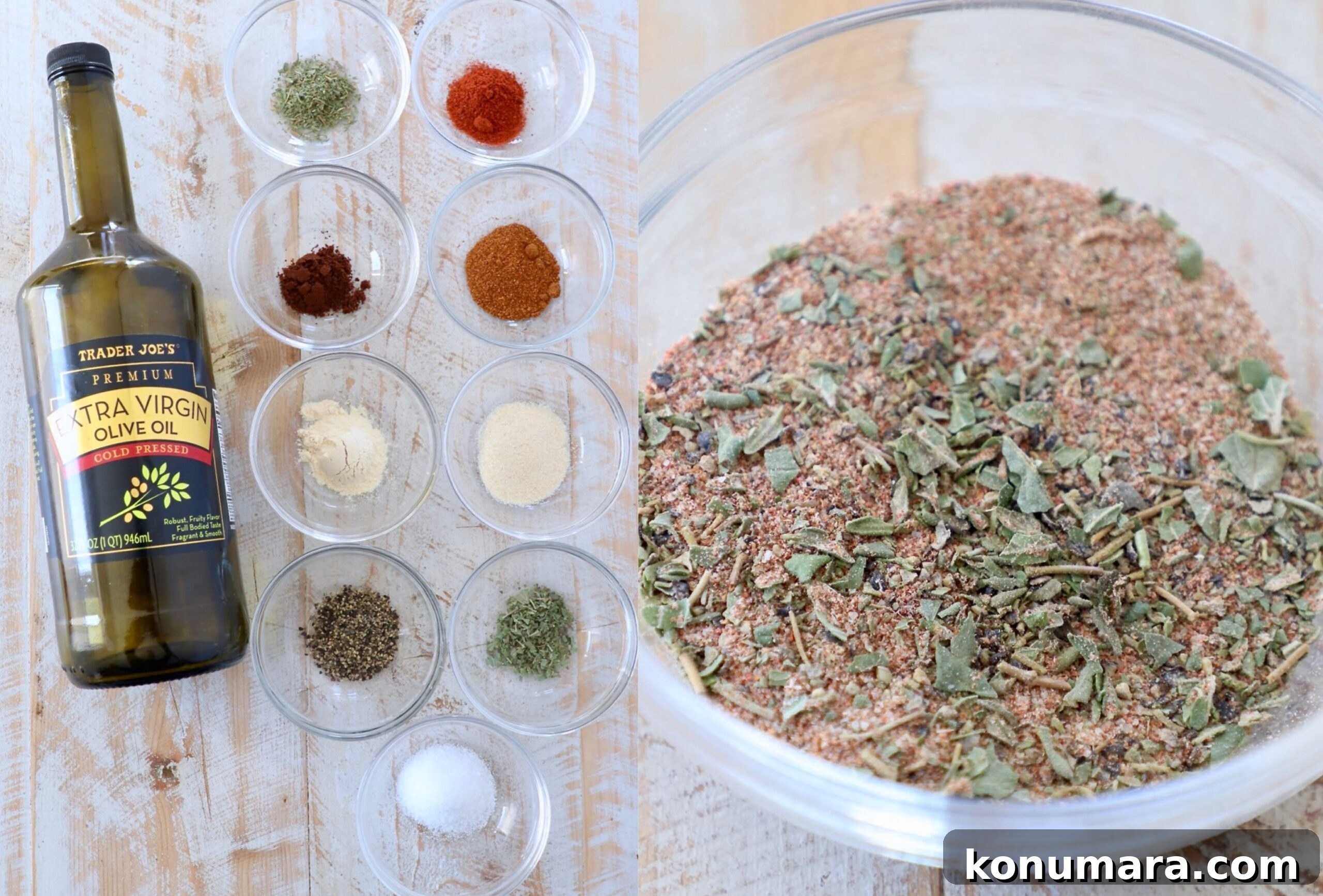 turkey rub ingredients and turkey rub mixed together in small bowl