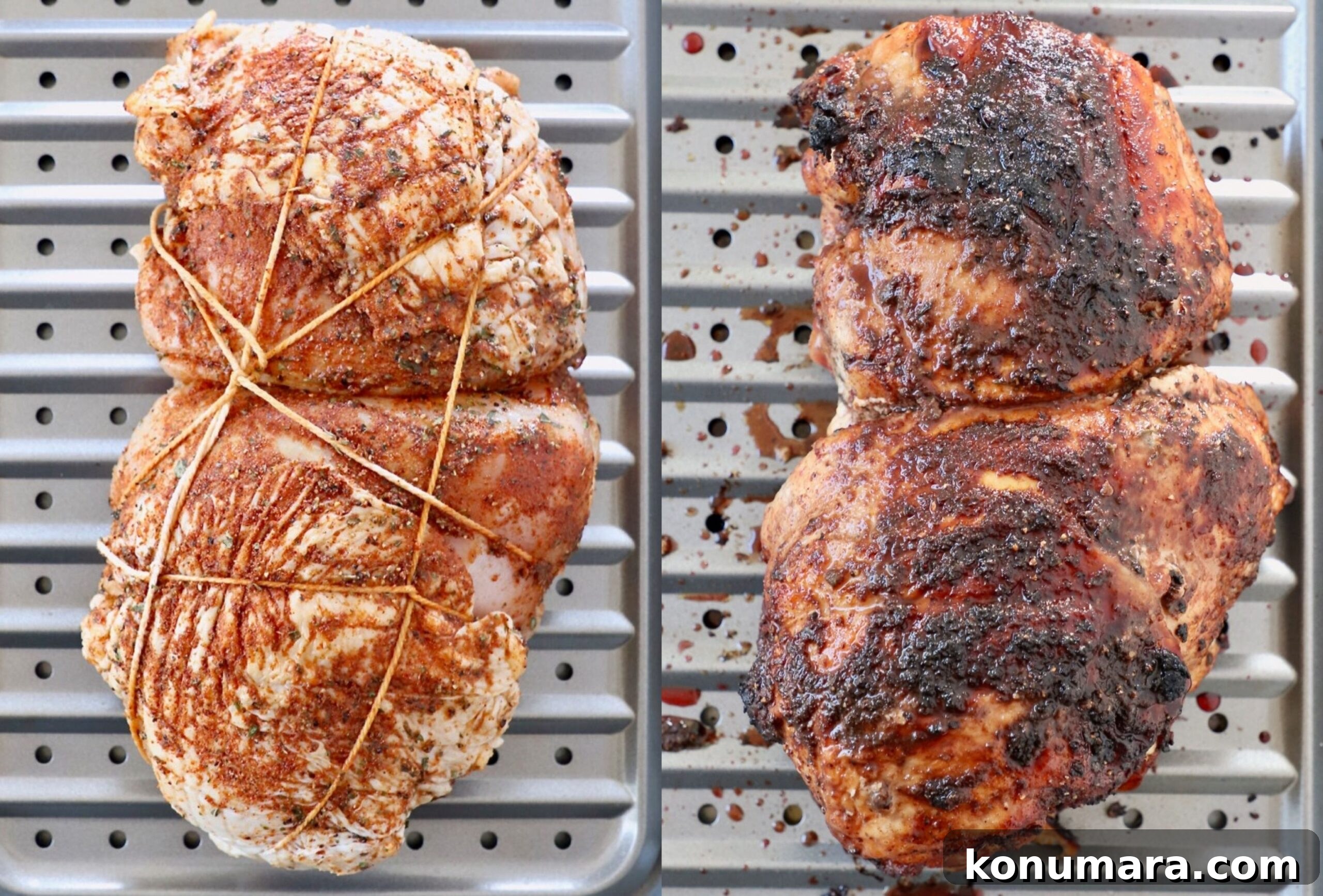 uncooked turkey breast on baking sheet next to cooked turkey breast on baking sheet