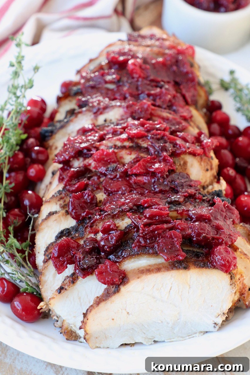 sliced turkey breast on plate with cranberry sauce on top of the turkey slices