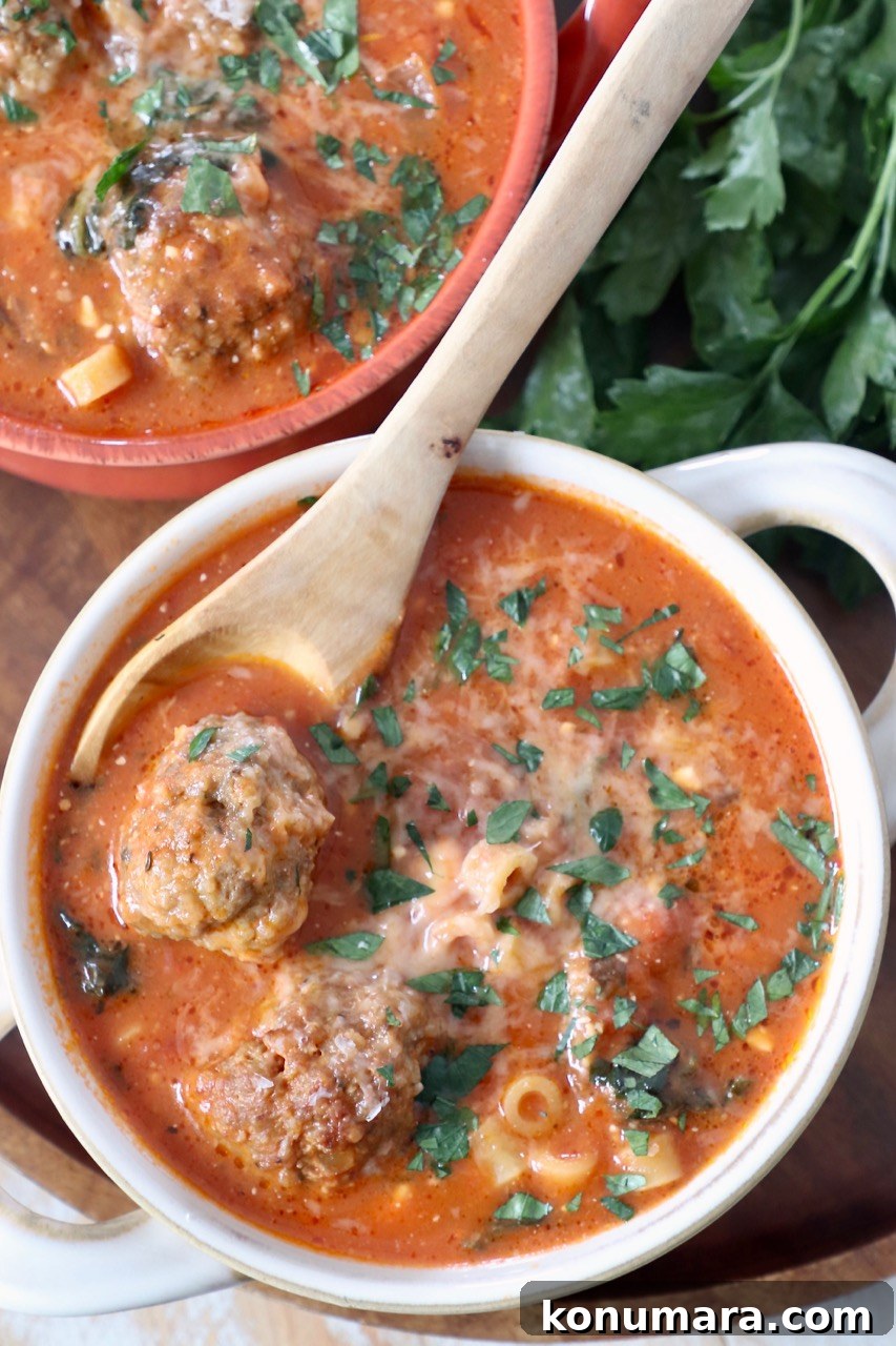 Classic Homemade Meatball Soup Recipe 8 meatball soup in bowls with wooden spoon