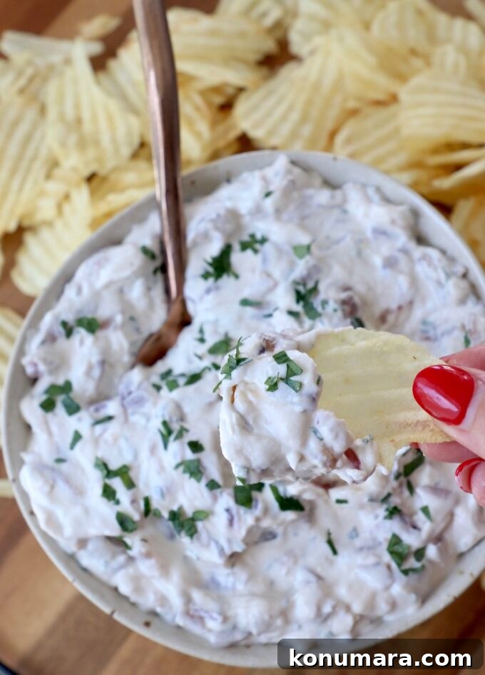 Caramelizing Onions: Step-by-Step Guide 14 hand dipping chip into french onion dip in bowl