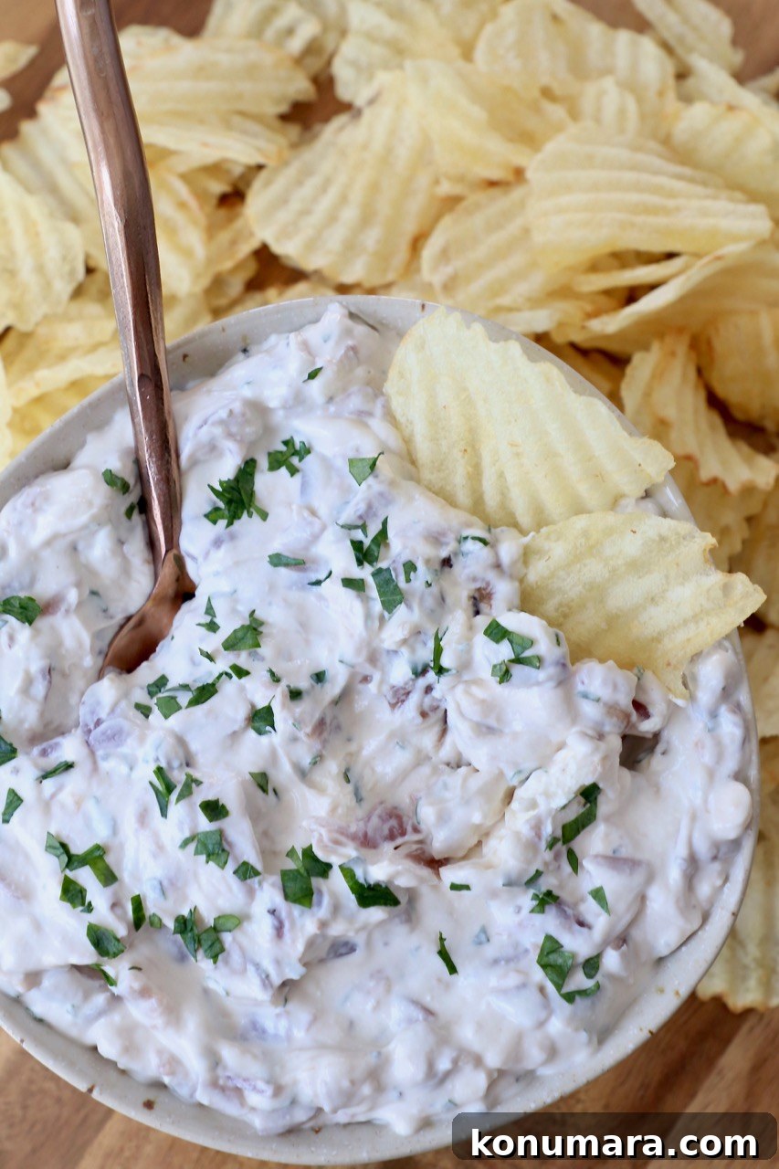 french onion dip in bowl with ruffles potato chips