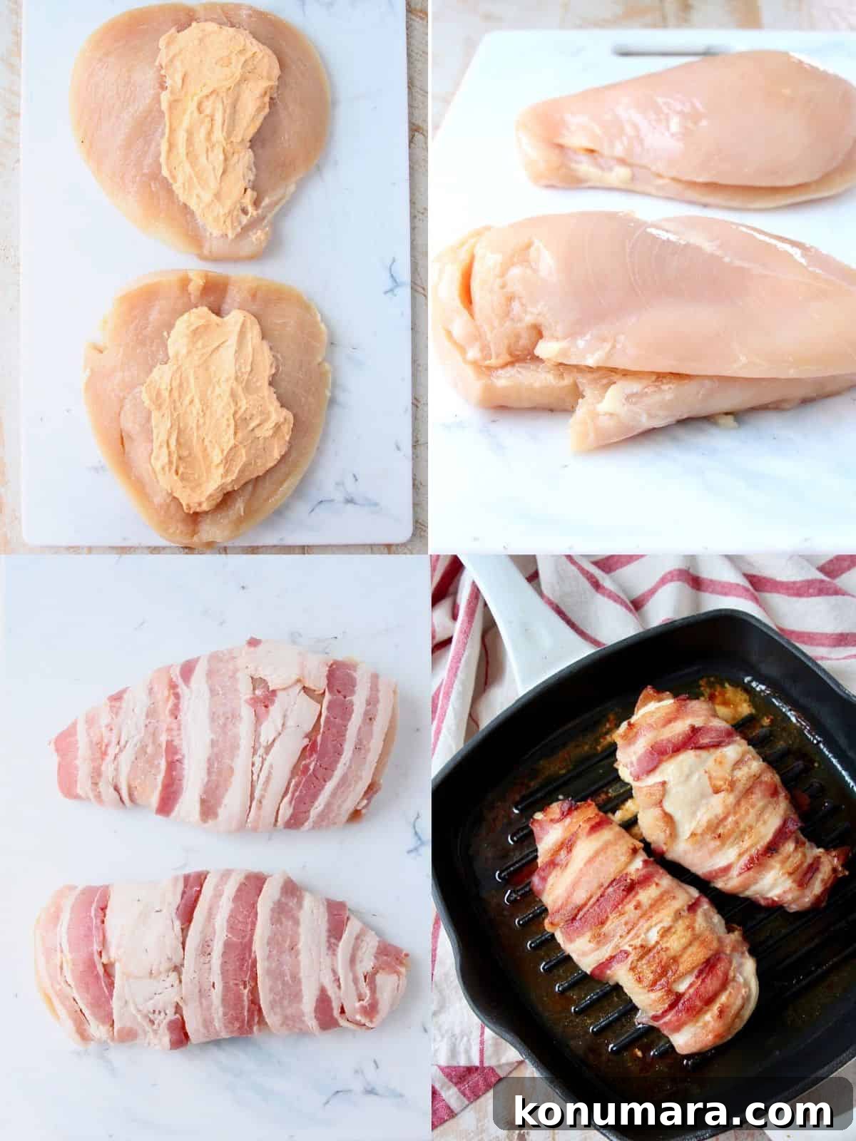 Juicy Bacon-Wrapped Stuffed Chicken Breasts Recipe 3 Collage of images showing how to make bacon wrapped stuffed chicken breasts