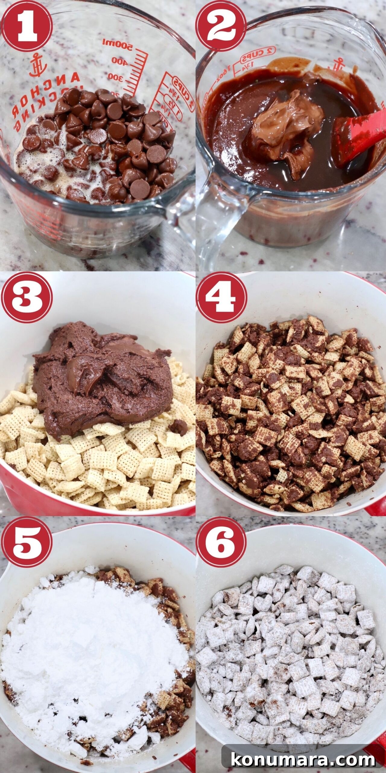 No-Bake Nutella Muddy Buddies Recipe 4 collage of images showing how to make muddy buddies