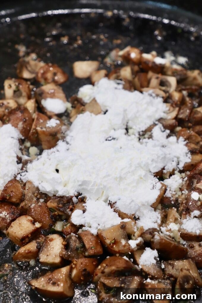 Velvety Cream of Mushroom Soup Recipe 5 cornstarch in skillet with mushrooms