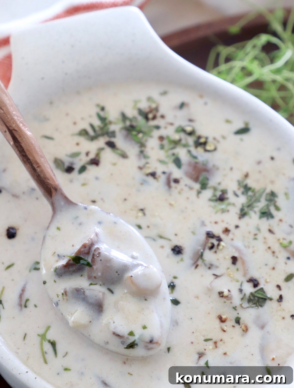 Velvety Cream of Mushroom Soup Recipe 9 creamy mushroom soup in bowl with spoon