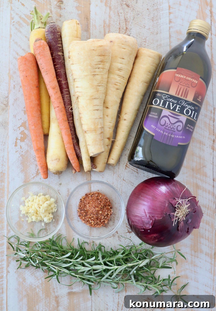 Oven-Roasted Root Vegetables with Garlic and Herbs 3 Ingredients for roasted root vegetables on a cutting board