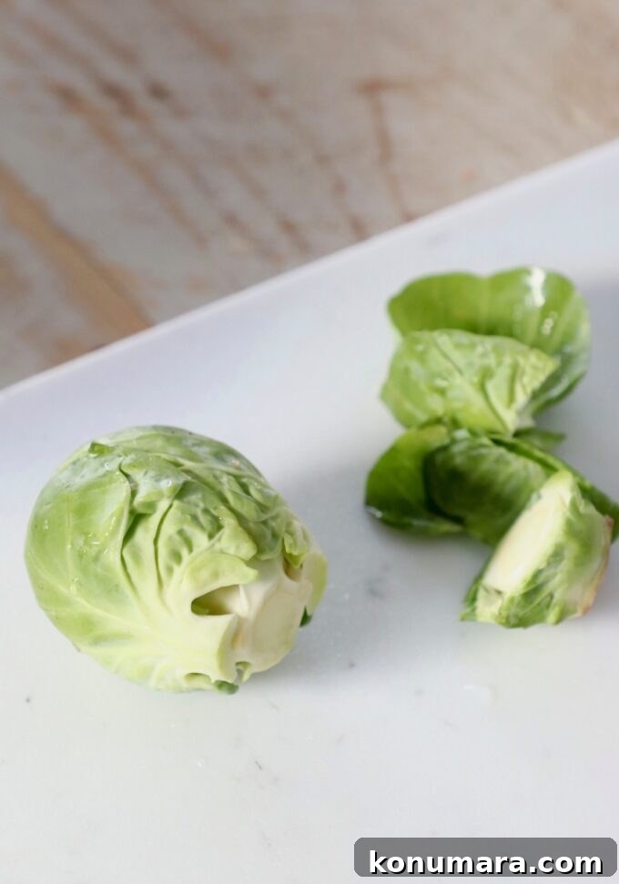 How to Shred Brussels Sprouts for Salads and Slaws 4 brussel sprout on cutting board with the leaves and stem removed