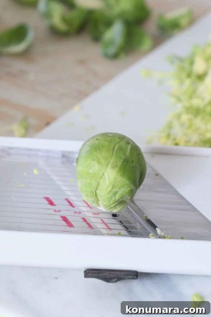 How to Shred Brussels Sprouts for Salads and Slaws 7 brussel sprout sitting on a mandolin