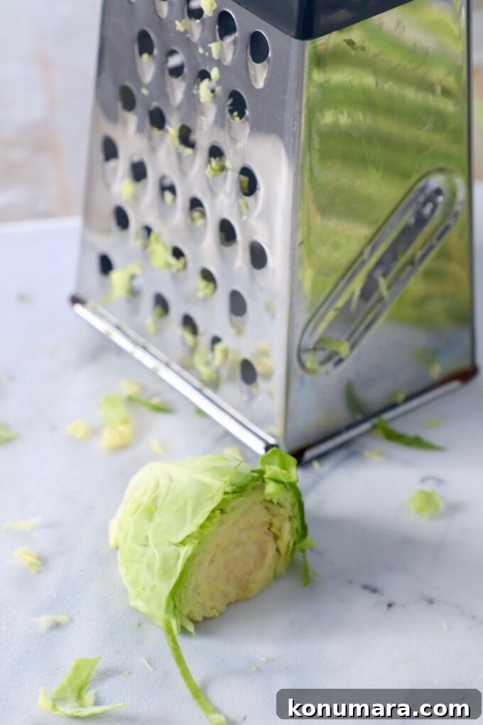 How to Shred Brussels Sprouts for Salads and Slaws 8 cut brussel sprout sitting in front of a box grater on a cutting board