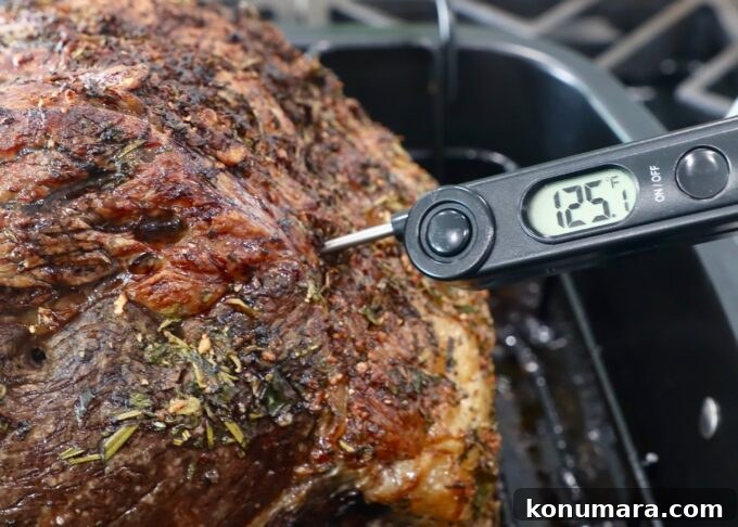 Oven-Roasted Bone-In Prime Rib with Garlic and Rosemary 7 thermometer that reads 125 degrees stuck in cooked prime rib