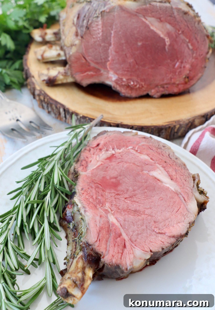 Oven-Roasted Bone-In Prime Rib with Garlic and Rosemary 9 slice of prime rib with the bone on plate with fresh rosemary sprigs