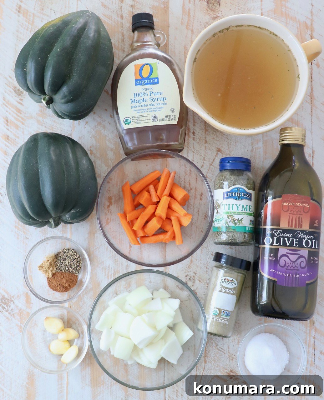 Creamy Roasted Acorn Squash Soup Recipe 3 ingredients in acorn squash soup on wood board