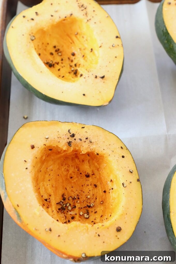 Creamy Roasted Acorn Squash Soup Recipe 4 acorn squash cut in half on baking sheet