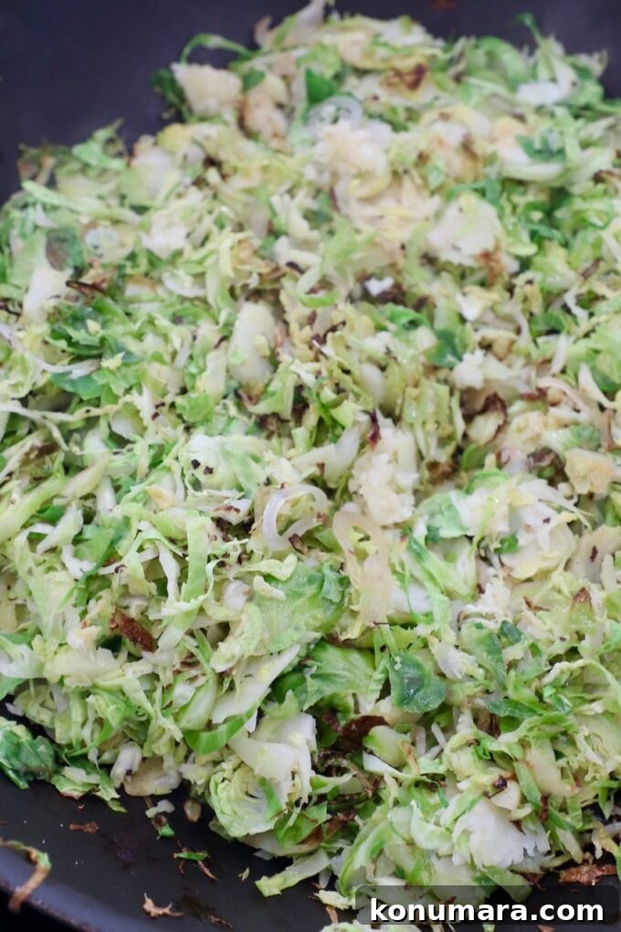 Shredded Brussels Sprouts Slaw with Lemon Vinaigrette 5 cooked shredded brussels sprouts in skillet