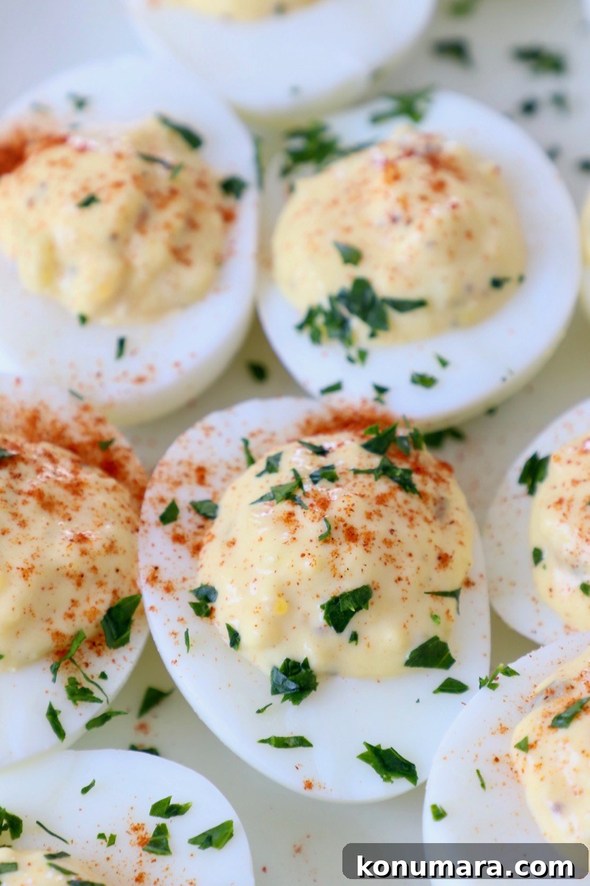 prepared deviled eggs on white plate